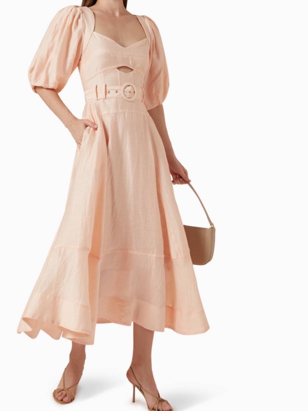 NWT Puff-Sleeve Belted Maxi Dress in Light Peach